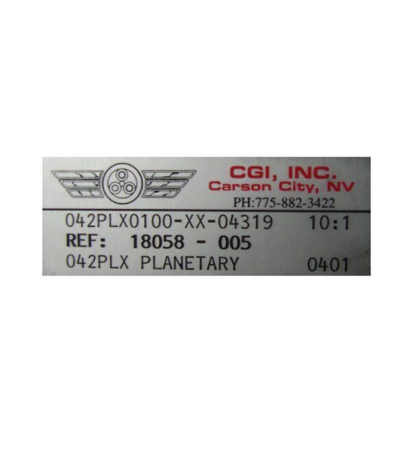 042PLX0100-XX-04319 low backlash planetary gearbox with 10:1 ratio WITHOUT INPUT PINION made by CGI, INC. Carson City, NV USA. Other details: REF: 18058 - 005 042PLX Planetary 0401 Nema 42 size Output shaft 25.4mm (1") This gearbox appears to be new and unused. Mounting instructions included.