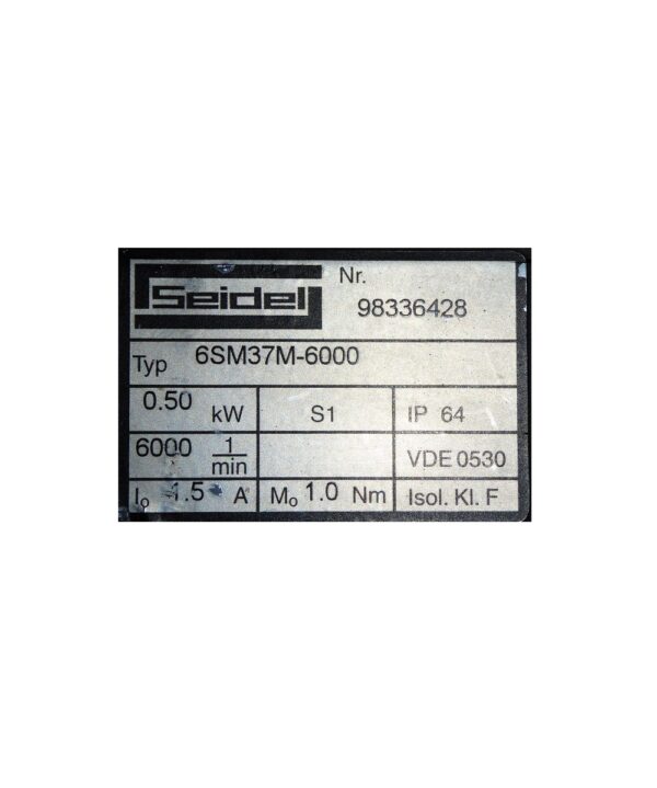 This 6SM37M-6000 brushless servo motor is a 6 pole, sinusoidally wound motor made by Kollmorgen Seidel and is fitted with a resolver. The motor has a 400V winding making it suitable for use with servo drives providing up to 600Vdc bus voltage. This motor will, however, operate on 300V DC up to 3000rpm. The motor is rated at 1.0 Nm holding torque, 0.8 Nm rated torque at 6000rpm and 4.0 Nm peak, with a torque constant of 0.62Nm/A. Motor inertia is 0.7 kgcm2. Connections are made via sockets on the motor housing. Suitable mating connectors are available, as is a user manual. The motor flange measures 75mm square, with an 11mm shaft (no keyway), 60mm diameter locating spigot and four mounting holes on a 90mm PCD. Overall length is 157mm and weight is 2.3kg. This item is used, has been tested and is fully functional. It comes with 6 months back to base warranty.