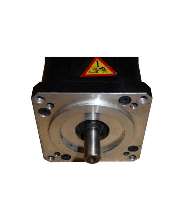 This 6SM37M-6000 brushless servo motor is a 6 pole, sinusoidally wound motor made by Kollmorgen Seidel and is fitted with a resolver. The motor has a 400V winding making it suitable for use with servo drives providing up to 600Vdc bus voltage. This motor will, however, operate on 300V DC up to 3000rpm. The motor is rated at 1.0 Nm holding torque, 0.8 Nm rated torque at 6000rpm and 4.0 Nm peak, with a torque constant of 0.62Nm/A. Motor inertia is 0.7 kgcm2. Connections are made via sockets on the motor housing. Suitable mating connectors are available, as is a user manual. The motor flange measures 75mm square, with an 11mm shaft (no keyway), 60mm diameter locating spigot and four mounting holes on a 90mm PCD. Overall length is 157mm and weight is 2.3kg. This item is used, has been tested and is fully functional. It comes with 6 months back to base warranty.