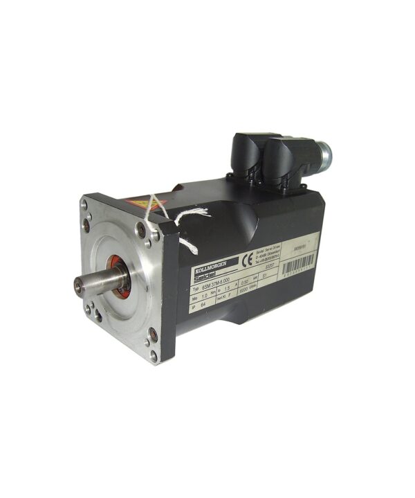 This 6SM37M-6000 brushless servo motor is a 6 pole, sinusoidally wound motor made by Kollmorgen Seidel and is fitted with a resolver. The motor has a 400V winding making it suitable for use with servo drives providing up to 600Vdc bus voltage. This motor will, however, operate on 300V DC up to 3000rpm. The motor is rated at 1.0 Nm holding torque, 0.8 Nm rated torque at 6000rpm and 4.0 Nm peak, with a torque constant of 0.62Nm/A. Motor inertia is 0.7 kgcm2. Connections are made via sockets on the motor housing. Suitable mating connectors are available, as is a user manual. The motor flange measures 75mm square, with an 11mm shaft (no keyway), 60mm diameter locating spigot and four mounting holes on a 90mm PCD. Overall length is 157mm and weight is 2.3kg. This item is used, has been tested and is fully functional. It comes with 6 months back to base warranty.