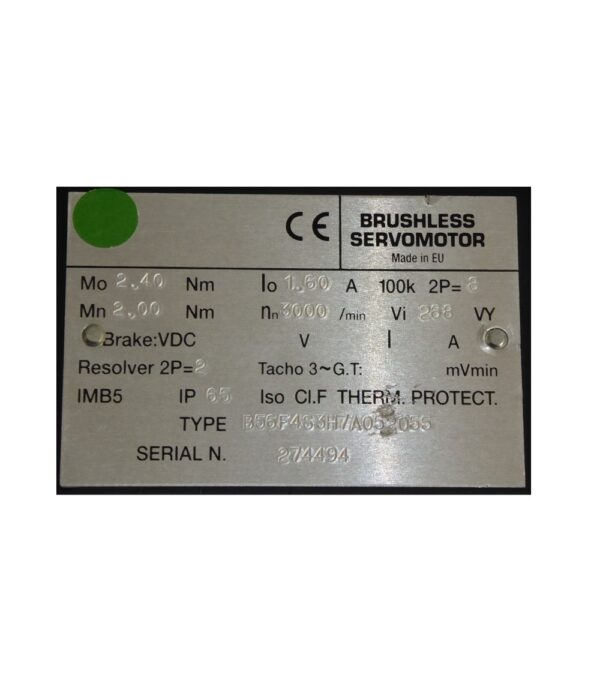 This B56F4S3H7A052055 LAFERT AC brushless servo motor is an 8 pole, trapezoidally wound motor made by Lafert (now AEG Lafert) and is fitted with a resolver.