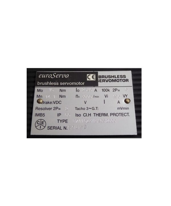 This B7116Z3M3A052000 LAFERT AC brushless servo motor  is an 8 pole, trapezoidally wound motor made by Lafert (now AEG Lafert) and is fitted with a resolver.   The motor is rated at 16Nm, 3000rpm, IP65.  